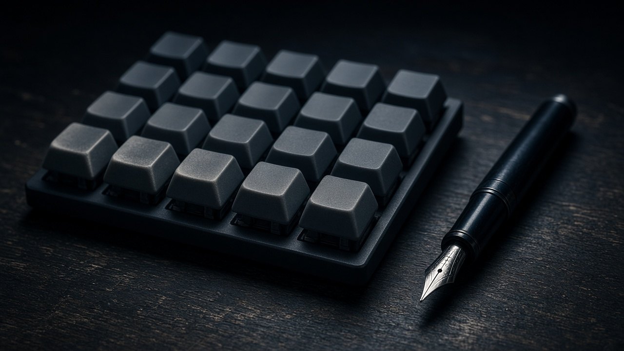 A mechanical keyboard and a fountain pen side by side on dark wood.